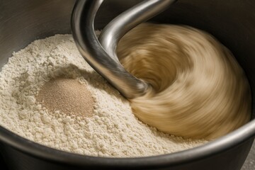 Industrial baking process highlighting dough mixing with flour and yeast in action