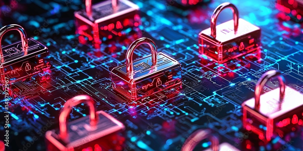 Poster data encryption visualized with digital locks and secure servers in a neutral office environment, emphasizing safe browsing and internet security