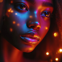 Close-Up of a Woman with a Mesmerizing Mood, Illuminated by Colorful Lights Against a Dark Background