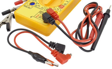 Digital multimeter and clamps on white