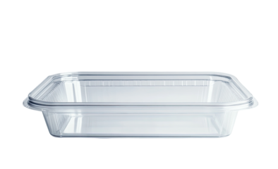 A clear, rectangular plastic food container with a slightly raised, fitted lid, showcasing its empty, transparent interior against a black background