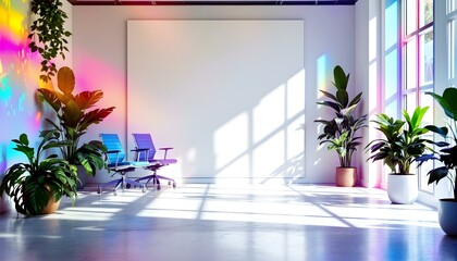 Contemporary office space with a white canvas wall, ergonomic furniture, industrial elements, and vibrant green plants..