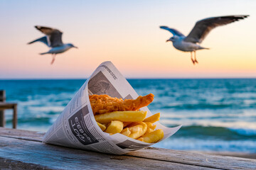 Crispy fish and chips in newspaper cone on rustic wood by ocean at sunset with seagulls, warm golden lighting and nostalgic seaside mood

