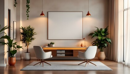 Contemporary office space with a white canvas wall, ergonomic furniture, industrial elements, and vibrant green plants..