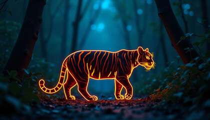 Tiger in the Forest with a Mysterious Mood, Glowing Against a Dark Background
