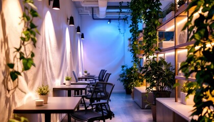 Contemporary office space with a white canvas wall, ergonomic furniture, industrial elements, and vibrant green plants..