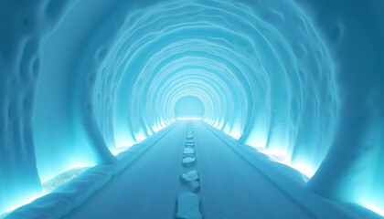 Ice Tunnel in Futuristic Style with Cool Blue Colors Representing a Frozen Environment Against a Surreal Background