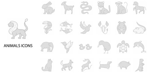 Animals simple concept 24 hand drawn grew color icons set .Vector illustration.
