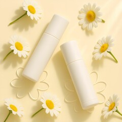 Skincare Product Mockup with Chamomile Flowers on Yellow Background - Natural Beauty and Cosmetic Branding Scene