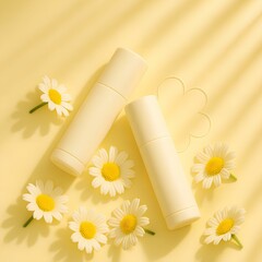 Skincare Product Mockup with Chamomile Flowers on Yellow Background - Natural Beauty and Cosmetic Branding Scene