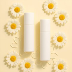 Skincare Product Mockup with Chamomile Flowers on Yellow Background - Natural Beauty and Cosmetic Branding Scene