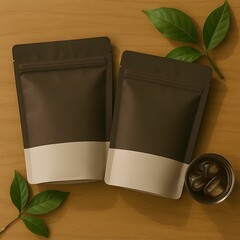 Coffee Packaging Mockup with Zipper Pouch and Coffee Cup on Wooden Table with Natural Light