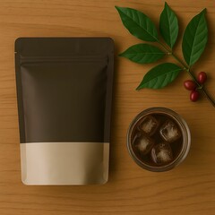 Coffee Packaging Mockup with Zipper Pouch and Coffee Cup on Wooden Table with Natural Light