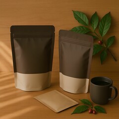 Coffee Packaging Mockup with Zipper Pouch and Coffee Cup on Wooden Table with Natural Light