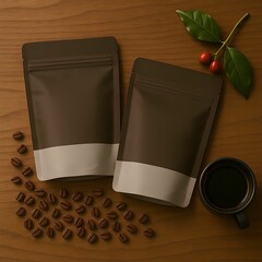Coffee Packaging with Cup and Coffee Beans on Wooden Table