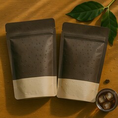 Coffee Packaging with Cup and Coffee Beans on Wooden Table