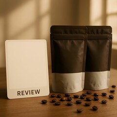 Coffee Packaging Mockup with Blank Poster for Branding Presentation in Soft Natural Light