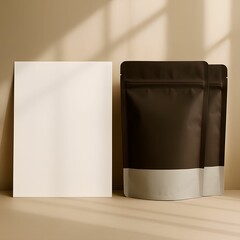 Coffee Packaging Mockup with Blank Poster for Branding Presentation in Soft Natural Light