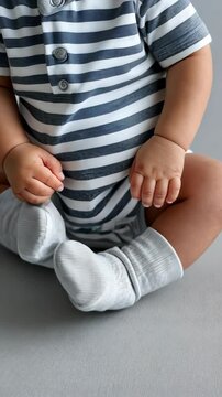 A delightful baby is comfortably seated on a soft, gray surface, dressed in an adorable striped onesie and cozy gray socks, all within a warm and inviting indoor environment