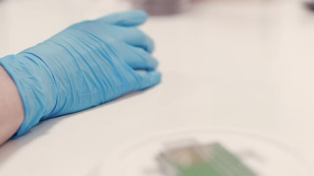 A biotechnologist works with a Petri dish containing a culture medium, using an inoculating loop. Concept microbiological research and innovative methods in working with microorganisms.