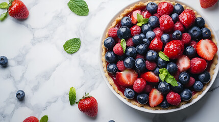 Fresh fruit tart with glossy glaze and vibrant berries on a white marble table