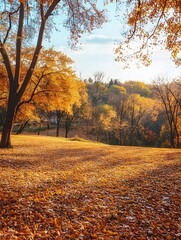 Fototapeta premium A view of a park during autumn with golden trees and fallen leaves covering the ground on a sunny day