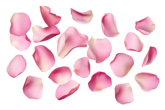 A scattering of pink rose petals isolated on a black background creating a delicate floral pattern