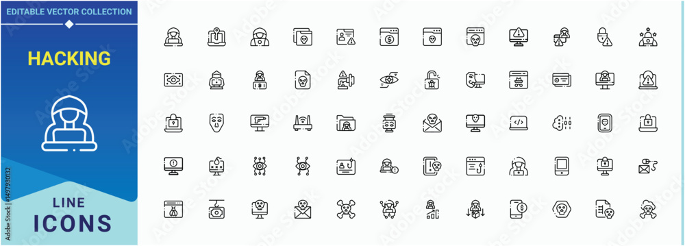 Wall mural hacking icon set. attack icon. related to hack, cyber, crime, fraud, attack, hacker and more. editab
