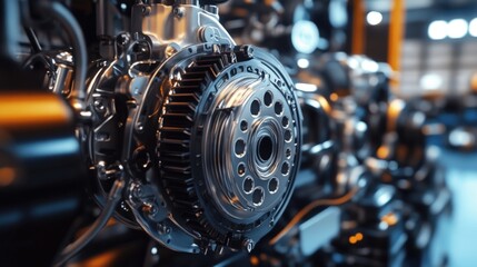 Fototapeta premium Industrial Metal Engine Model on Workbench in Mechanical Workshop