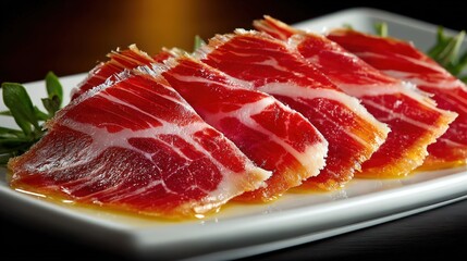 Fototapeta premium Elegant Jamn Serrano from Teruel served on a minimalist white dish