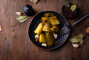 Bowl of pickled marinated cucumbers