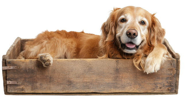 Adorable senior golden retriever resting in a rustic wooden crate PNG transparent background