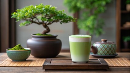 A refreshing glass of matcha tea with a bonsai tree and traditional ceramics in a serene setting.