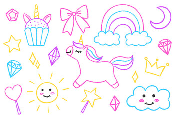 Unicorn, stars, diamonds, rainbow. Vector illustration with pastel and chalk texture. Minimalist