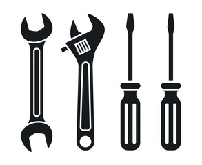 Black and White Icons of Wrench and Screwdriver Tools for Repair and Maintenance