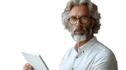 Mature Man Holding Tablet with Serious.