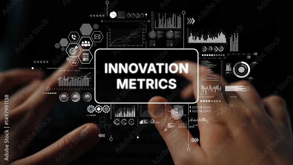 Poster Hands on Keyboard with Digital Innovation Metrics and Data Visualizations for Business Analysis and Strategy Development. Asymptotic smart data analytic.