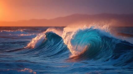 Fototapeta premium Waves rise and crash gracefully against the shore as the sun sets on the horizon, creating a colorful display of light and water. The sky transitions from blue to warm hues