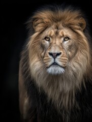 Fototapeta premium A lion with a thick, flowing mane stands proud against a dark background. Its piercing eyes reflect strength and nobility, embodying the essence of wildness in nature