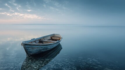 Naklejka premium A solitary boat rests on a tranquil lake during early morning. The water's surface is smooth and reflective, capturing the soft colors of dawn and surrounding calmness