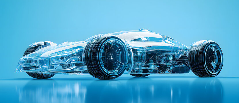 Wireframe of futuristic car concept with blue background. Stock photograph