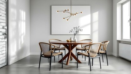 Elegant dining room with a white canvas wall, mid-century modern chairs, a wooden dining table, and subtle gold accents.