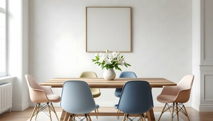 Elegant dining room with a white canvas wall, mid-century modern chairs, a wooden dining table, and subtle gold accents.