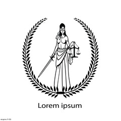 Women blindfolded take scale and sword lawyer logo design inspiration
