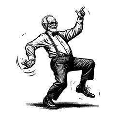 Joyful Vintage Grandpa Dancing Enthusiastically Black and White Outline Line Art Drawing Illustration