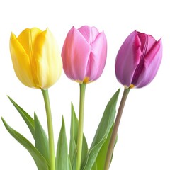 Three colorful tulips spring flowers isolated on white background