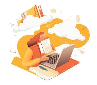 A stylized illustration of a person working on a laptop, surrounded by clouds representing data and documents, suggesting remote work or cloud computing