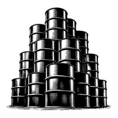 Large Stacked Rusty Old Oil Metal Barrels in Detailed Black and White Outline Line Art Drawing Style