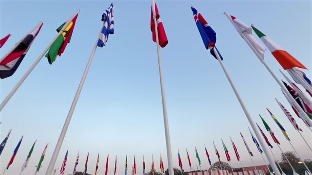 Global Unity, UNO Conference Featuring All Country Flags, Vibrant International Banners, Diplomatic Summit, Worldwide Nations, Cultural Diversity and Global Cooperation 2025  Clip 48