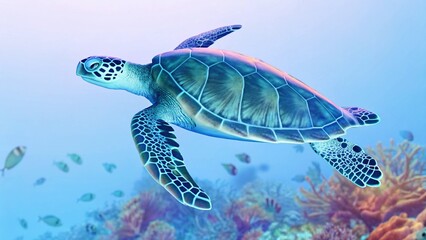 Green Sea Turtle Gracefully Swimming Coral Reef Ocean Life